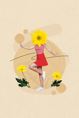 Creative collage picture poster postcard template artwork of happy weird person walk fresh blooming...