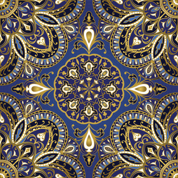Seamless indian pattern with mandalas. Vector blue background with a golden contour. Template for fabric, carpet, rug, wallpaper