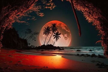 Sunset on a tropical beach, lit by the moon. Generative AI