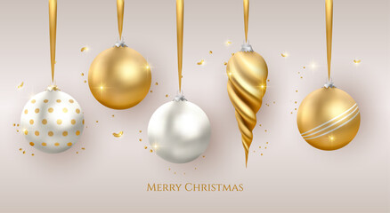3d realistic Christmas gold ball and bauble decorations. Vector celebration season background illustration