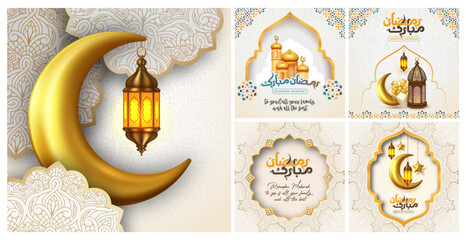 Modern style Ramadan Mubarak greeting cards collections with arabic calligraphy, moon, mosque dome, lanterns for wallpaper design. poster, social media post