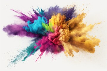 a powdered, abstract, background. An eruption of colorful powder against a white background. The cloud took on a variety of hues. In the aftermath, dust of all colors scatters. Holi paint. Generative