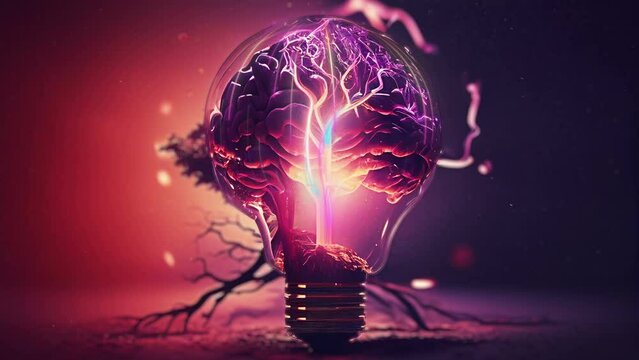 Artificial neural networks in human brain with light bulb. 3D video loop motion metaphor background.