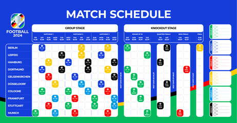 football euro 2024 match schedule. Football 2024 tournament final stage Match schedule, template for web, print, football results table, soccer championship, vector illustration. - obrazy, fototapety, plakaty