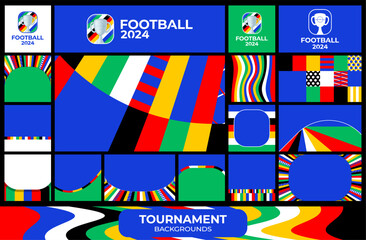 European euro football 2024 social media backgrounds set. Vector illustration Football soccer cup 2024 in Germany square and horizontal pattern background or banner, card, website. blue color. - obrazy, fototapety, plakaty