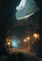Concept art of dwarven underground with iron railway, fantasy style.