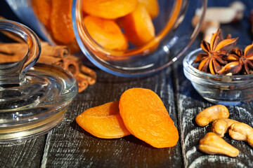 dried apricot on wood background