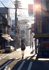 Ai generrated young girl standing with her back in the middle of the street in anime style.
