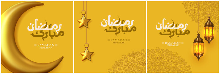 Ramadan Mubarak. Set of Islamic greeting card template with Arabic calligraphy for social media post, wallpaper design. poster, for web and print