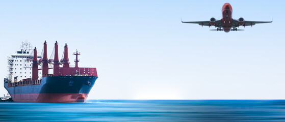 Fototapeta premium Logistics and transportation of container cargo ship and cargo plane, clear sky and motion blur blue sea, panorama for background,