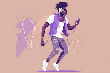 Obraz premium Flat vector illustration Happy african american generation z man wearing headphones holding mobile phone, dancing, enjoying listening online streaming music on mobile phone, standing isolated over lig