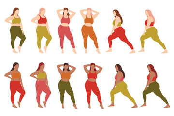 Body Positive concept. Fat Women Doing Fitness. Fat Girl Doing Fitness. Plus size women practice sports. Pilates concept