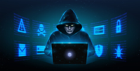 Hacker. Cyber criminal with laptop and related icons behind it. Cyber crime, hacker activity, ddos attack, digital system security, fraud money - obrazy, fototapety, plakaty