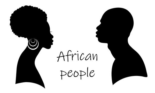 Head silhouettes of a black woman and a man. Beautiful profiles of African American people.