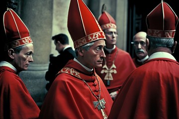 Gathered cardinals and bishops discuss the election of a new Pope. Ai generated. - obrazy, fototapety, plakaty