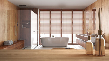 Wooden table top or shelf with aromatic sticks bottles over modern japandi wooden bathroom with bathtub and shower, minimalist architecture interior design