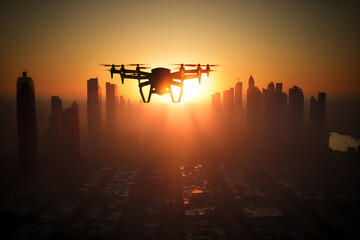 Generative AI illustration. Professional drone flying in the sunset