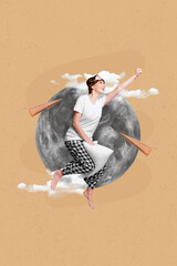 Vertical collage photo picture image artwork poster of happy positive girl enjoy sweet dreams...