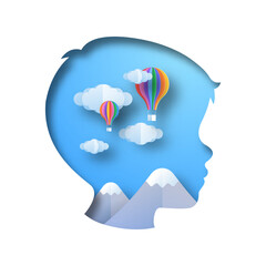 Paper cut kid head with colorful hot air balloon flying in sky landscape. Little boy imagination concept. Children education, child psychology illustration in realistic 3D papercut style. 