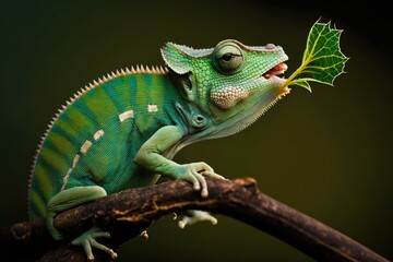 Obraz premium The chameleon uses his her extended tongue to catch insects. Green lizard with a long, exotic tail; found only in Madagascar. Wild animal scene. Habits of a reptile eater the furcifer oustaleti