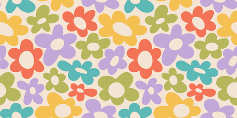 Colorful floral seamless pattern illustration. Vintage flower background art design. Retro pastel color spring artwork, groovy seventies nature backdrop with hippie flowers.