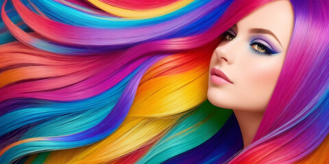 Pretty girl with colorful hair. Young woman with bright makeup and rainbow dyed hairstyle. Female profile on background of colored fluttering curls. Professional haircut and coloring. Generative AI
