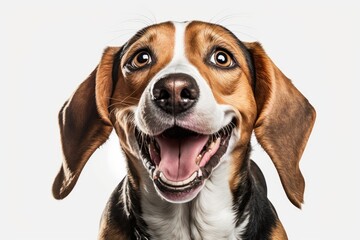 A portrait of a jovial beagle, isolated on a white background, grin on its face and tongue lolling out, taken in a studio. Generative AI