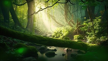 a stream running through a lush green forest filled with lots of trees and rocks, with a bright light coming through the trees above it.  generative ai