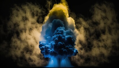  a large cloud of smoke and steam rising from the top of a tall tower in the sky with a yellow light coming from the top.  generative ai