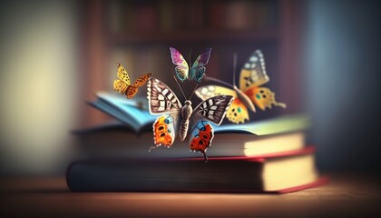  a book with butterflies flying out of it on top of a table next to an open book with a bookcase in the background and a bookshelf.  generative ai