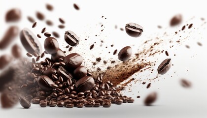 Obraz premium a pile of coffee beans falling into a pile of coffee beans with coffee grains coming out of them on a white background with a splash of coffee beans. generative ai
