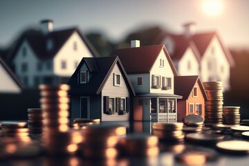 Miniature Houses with Coins and Sunlight, Real Estate Investment Illustration, generative ai