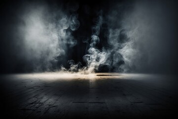 Fototapeta na wymiar Smoke on Dark Empty ground with light, generative ai