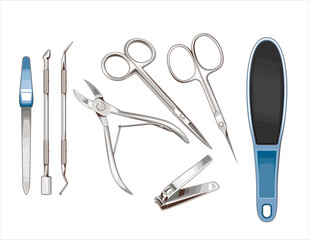 Manicure tools Isolated on white background. Manicure scissors, Nail File, Manicure nippers