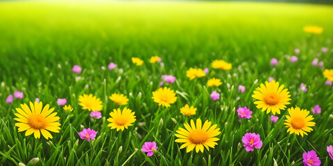 Spring landscape, blossoming field with green grass, pink and yellow flowers. Nature illustration. Generative AI