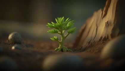  a small green plant growing out of the ground next to a rock and a rock wall in the background with a small rock in the foreground.  generative ai