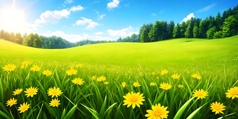 Spring landscape, blossoming field with green grass and yellow flowers, blue sky with sun and clouds, mountains and forest. Nature illustration. Generative AI