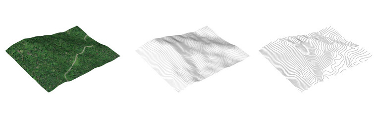 set of isometric map mountain object. isometric mountains contour with real map landscape forest white tone color shadow shape and line terrain, illustration. isometric for mountain element, concept.