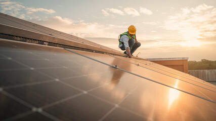 Service engineer checking solar cell on the roof for maintenance if there is a damaged part. Engineer worker install solar panel. Clean energy concept. © NewSaetiew