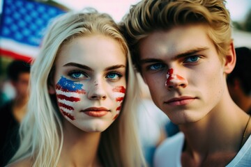 Fototapeta premium USA Independence Day: couple of young people with faces painted in red, white and blue colors