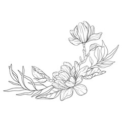 Floral Line Art. Magnolia Flower Outline for Floral Coloring Pages, Minimalist Modern Wedding invitations