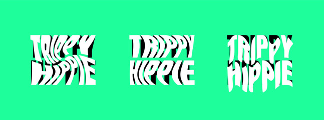 Trippy hippie psychedelic lettering logo set. Crazy style sticker collection. Groovy vibe quote hippy badge design templates. Twisted, wavy and melted y2k phrase logotype eps illustration