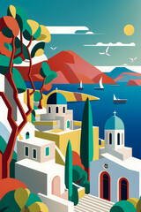 Greece landscape, flat design illustration, traditional, traditional Greek colors, Generative AI