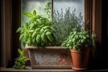 herbs like basil and thyme, grown recently, in a window box with a watering container nearby. Generative AI