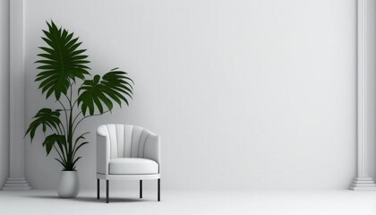 Modern Chair and Amazon Lily Plant on White Wall Background generative ai