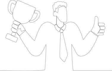 A man with a trophy in his right hand. Employee appreciation one line drawing