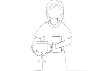 A woman holding cup and book. Employee appreciation one line drawing