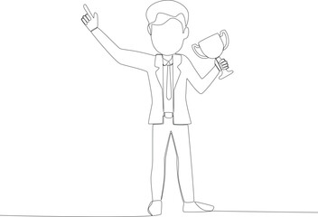A man stands holding a trophy. Employee appreciation one line drawing