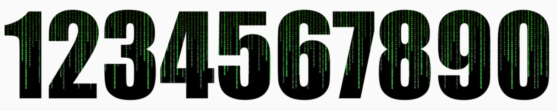 A set of numbers 1 2 3 4 5 6 7 8 9 0 with matrix binary digital code isolated on a white background. AI set of numbers