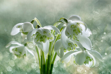 Białe kwiaty, przebiśniegi. Śnieżyczka. Sezon wiosenny - obrazy, fototapety, plakaty